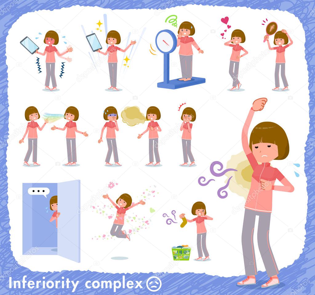 A set of women in sportswear on inferiority complex.There are actions suffering from smell and appearance.It's vector art so it's easy to edit.