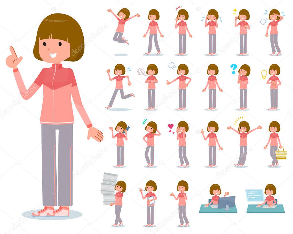 A set of women in sportswear with who express various emotions.There are actions related to workplaces and personal computers.It's vector art so it's easy to edit.