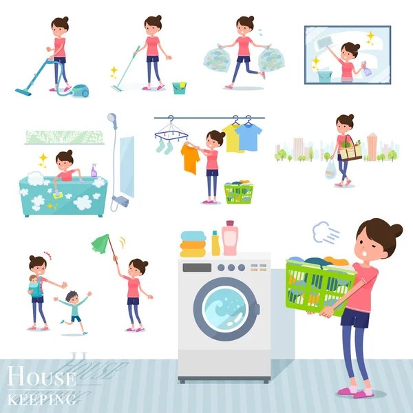 一套穿着运动服装的妇女与清洁和洗衣等家务有关 有各种行动 如抚养子女 它是矢量艺术 所以很容易编辑 — 图库矢量图片