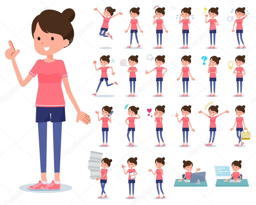A set of women in sportswear with who express various emotions.There are actions related to workplaces and personal computers.It's vector art so it's easy to edit.