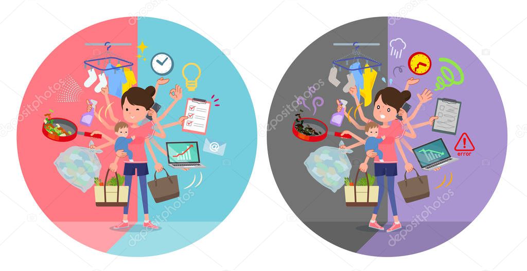 A set of women in sportswear who perform multitasking in offices and private.There are things to do smoothly and a pattern that is in a panic.It's vector art so it's easy to edit.