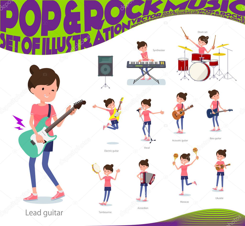 A set of women in sportswear playing rock 'n' roll and pop music.There are also various instruments such as ukulele and tambourine.It's vector art so it's easy to edit.