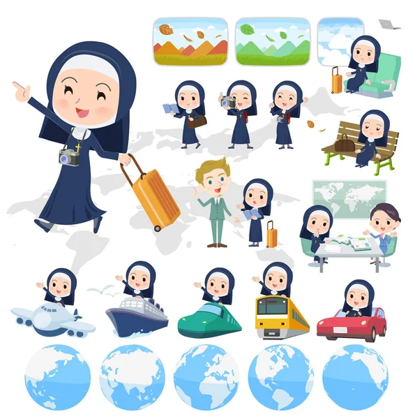 Conjunto Mujeres Monjas Viaje También Hay Vehículos Como Barcos Aviones — Vector de stock