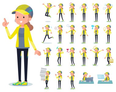 Kim çeşitli duygular ifade ile spor giyim kadınlarda kümesi. İşyerleri ve kişisel bilgisayarlar ile ilgili eylem vardır. Böylece düzenlemek kolaydır vektör sanat değil.