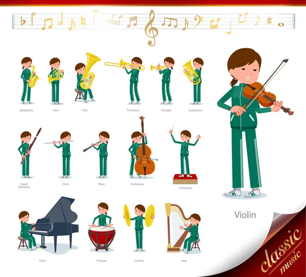 Set Women Sportswear Classical Music Performances Actions Play Various Instruments — Stock Vector