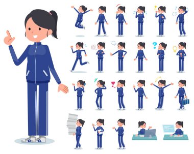 Kim çeşitli duygular ifade ile spor giyim kadınlarda kümesi. İşyerleri ve kişisel bilgisayarlar ile ilgili eylem vardır. Böylece düzenlemek kolaydır vektör sanat değil.