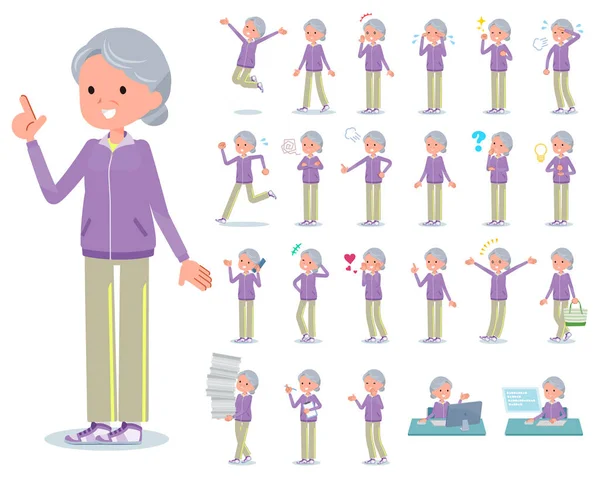 一套穿着运动服的老女人 与她们表达各种情绪 有一些行动与工作场所和个人电脑有关 它是矢量艺术 所以很容易编辑 — 图库矢量图片