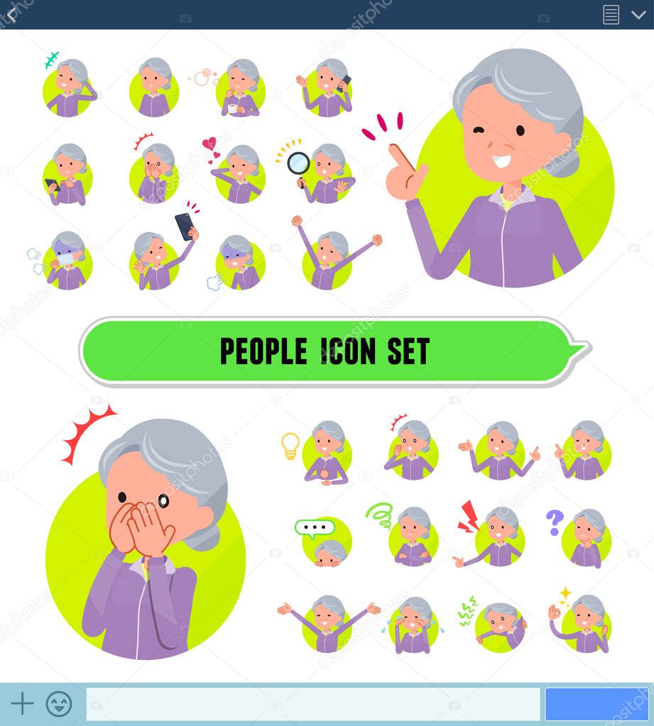 A set of old women in sportswear with expresses various emotions on the SNS screen.There are variations of emotions such as joy and sadness.It's vector art so it's easy to edit.