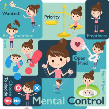 Duyguları kontrol spor giyim kadınlarda kümesi. Resim resimler öz duygu ifade çeşitli. Böylece düzenlemek kolaydır vektör sanat değil.