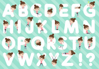 Alfabesi ile tasarlanmış spor giyim kadınlarda kümesi. Eğlenceli karakterlerle ifadeler poz çeşitli teşkil etmektedir. Böylece düzenlemek kolaydır vektör sanat değil.