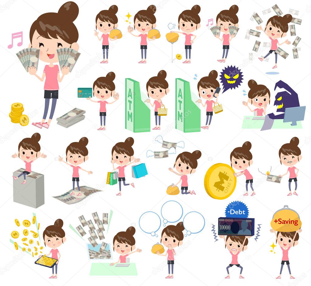 A set of women in sportswear with concerning money and economy.There are also actions on success and failure.It's vector art so it's easy to edit.