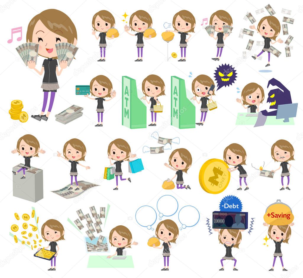 A set of women in sportswear with concerning money and economy.There are also actions on success and failure.It's vector art so it's easy to edit.