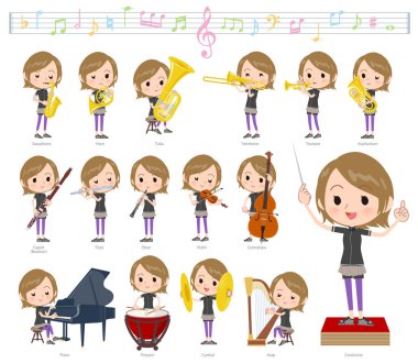 Spor giyim klasik müzik performansları üzerinde kadınlarda kümesi. Eylem çeşitli aletleri yaylı aletler ve rüzgar aletleri gibi oynamak için vardır. Böylece düzenlemek kolaydır vektör sanat değil.