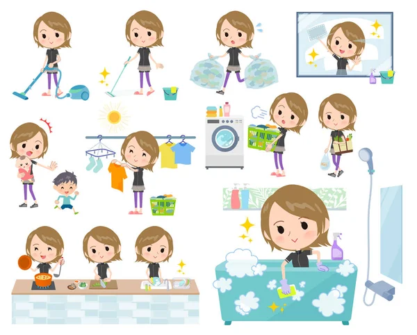 A set of women in sportswear related to housekeeping such as cleaning and laundry.There are various actions such as cooking and child rearing.It's vector art so it's easy to edit.