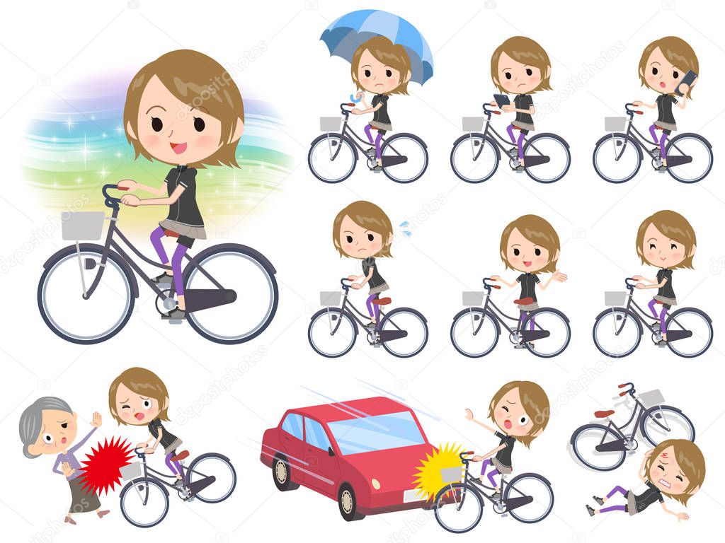 A set of women in sportswear riding a city cycle.There are actions on manners and troubles.It's vector art so it's easy to edit.