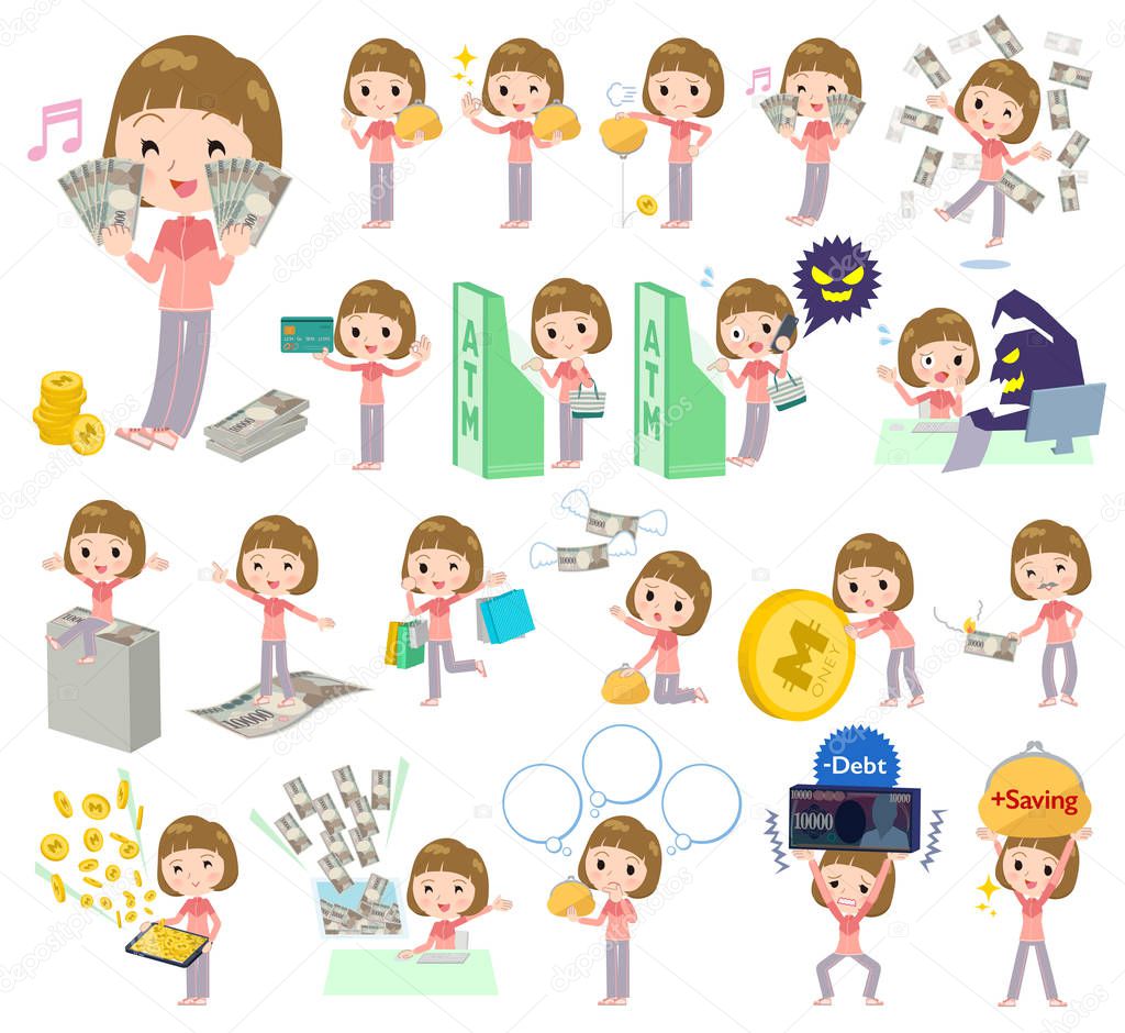 A set of women in sportswear with concerning money and economy.There are also actions on success and failure.It's vector art so it's easy to edit.