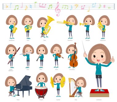 Spor giyim klasik müzik performansları üzerinde kadınlarda kümesi. Eylem çeşitli aletleri yaylı aletler ve rüzgar aletleri gibi oynamak için vardır. Böylece düzenlemek kolaydır vektör sanat değil.