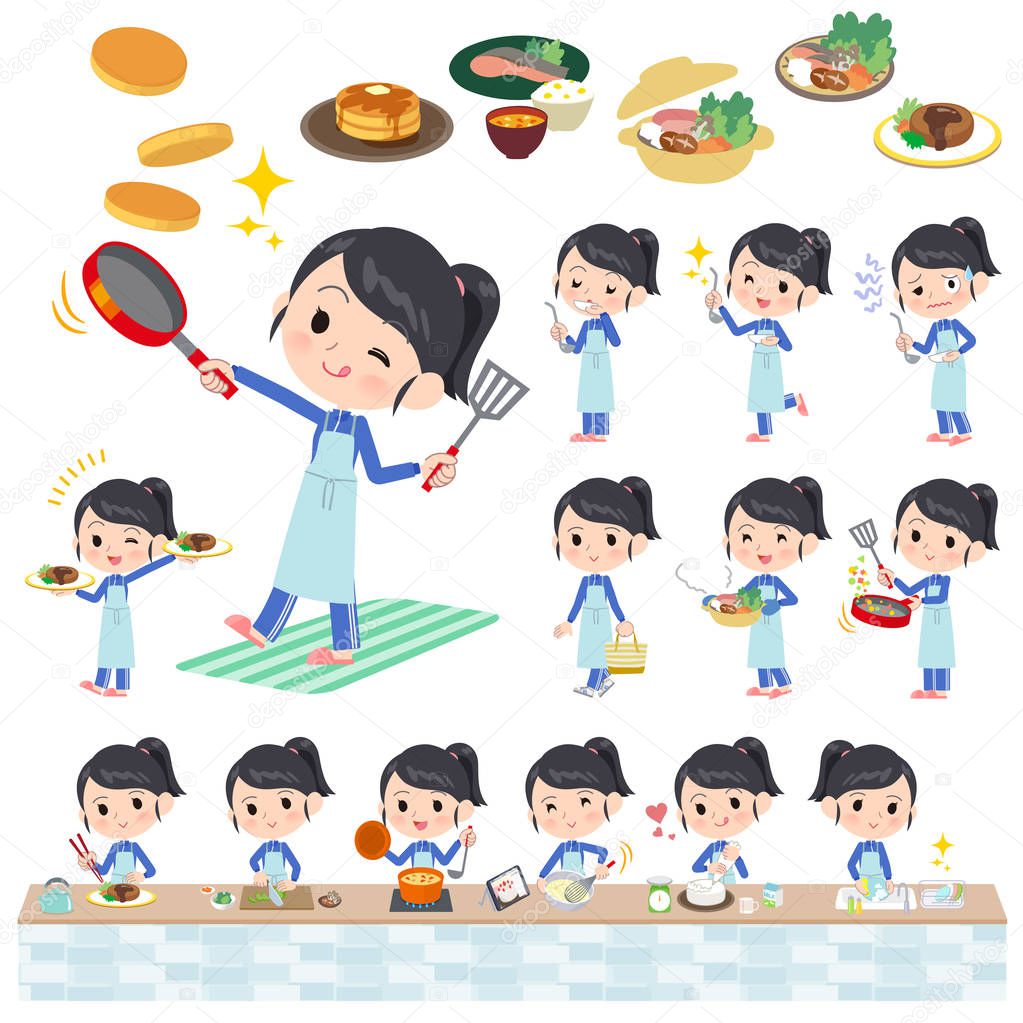 A set of women in sportswear about cooking.There are actions that are cooking in various ways in the kitchen.It's vector art so it's easy to edit.