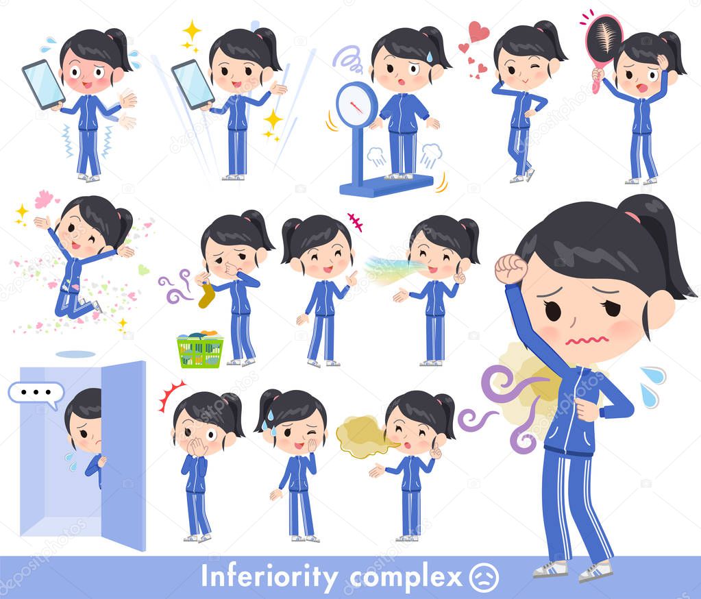 A set of women in sportswear on inferiority complex.There are actions suffering from smell and appearance.It's vector art so it's easy to edit.