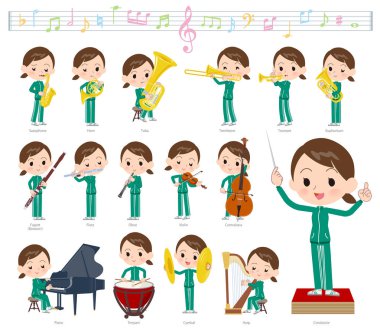 Spor giyim klasik müzik performansları üzerinde kadınlarda kümesi. Eylem çeşitli aletleri yaylı aletler ve rüzgar aletleri gibi oynamak için vardır. Böylece düzenlemek kolaydır vektör sanat değil.