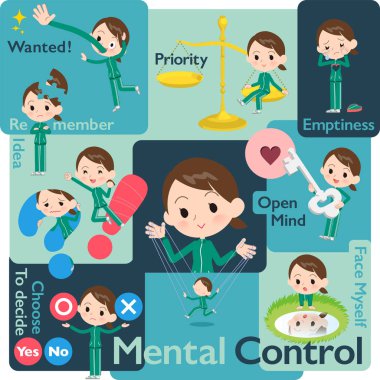 Duyguları kontrol spor giyim kadınlarda kümesi. Resim resimler öz duygu ifade çeşitli. Böylece düzenlemek kolaydır vektör sanat değil.