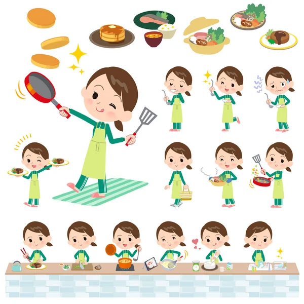 Set Women Sportswear Cooking Actions Cooking Various Ways Kitchen Vector — стоковый вектор