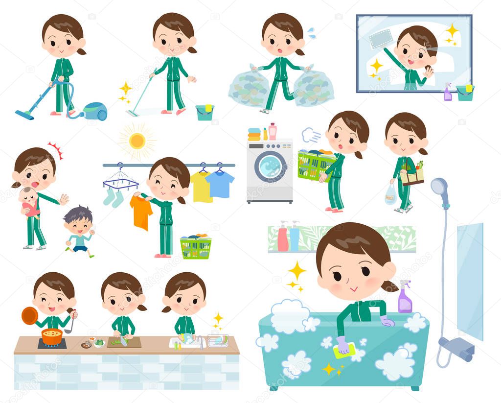 A set of women in sportswear related to housekeeping such as cleaning and laundry.There are various actions such as cooking and child rearing.It's vector art so it's easy to edit.