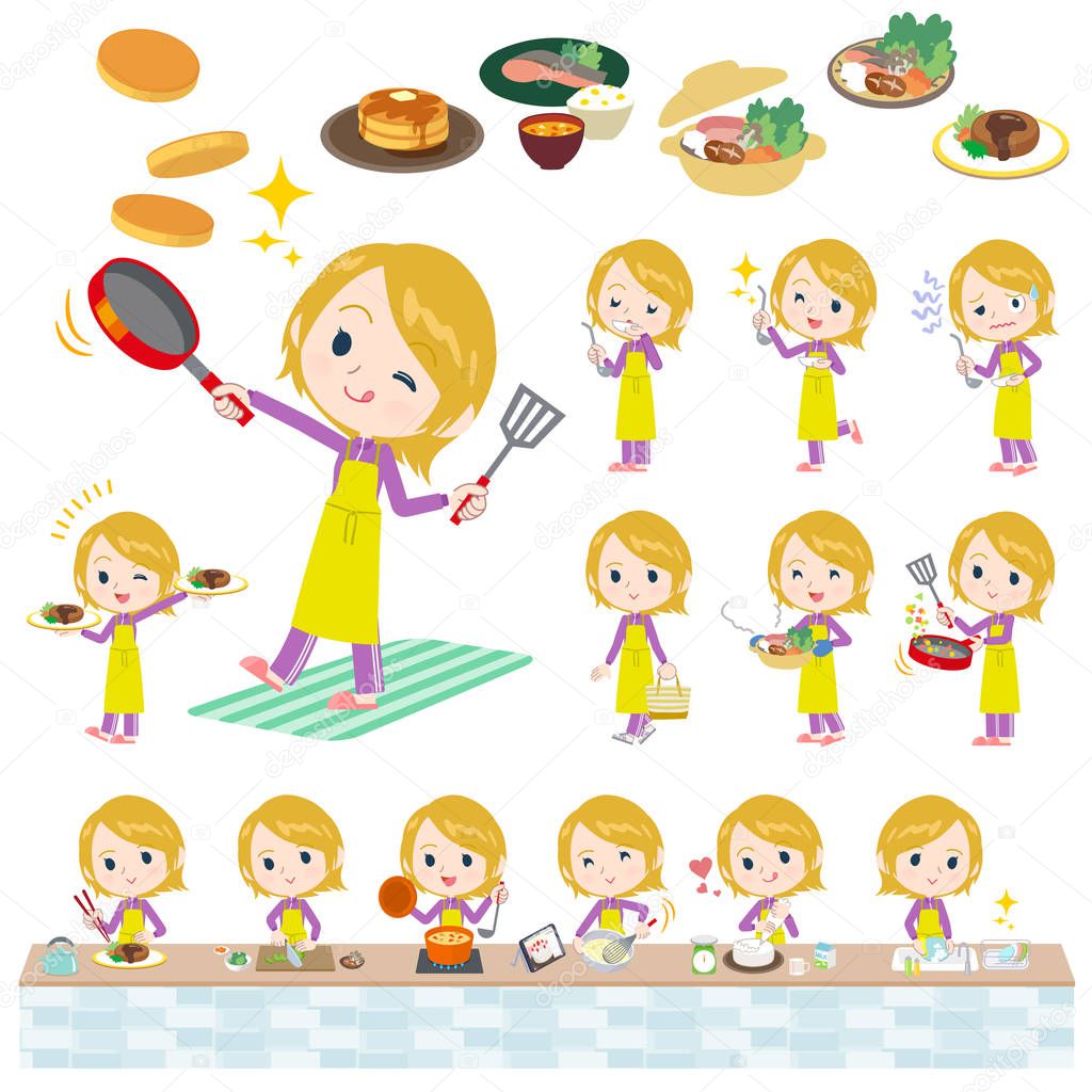 A set of women in sportswear about cooking.There are actions that are cooking in various ways in the kitchen.It's vector art so it's easy to edit.