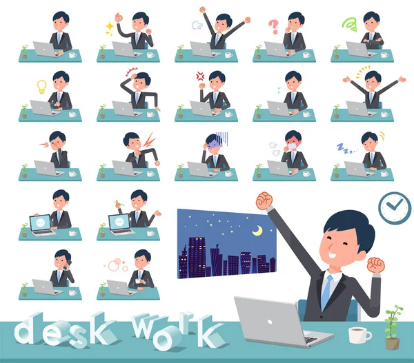 一组在办公桌上工作的商人 有各种动作 如感觉和疲劳 它的矢量艺术 所以它很容易编辑 — 图库矢量图片