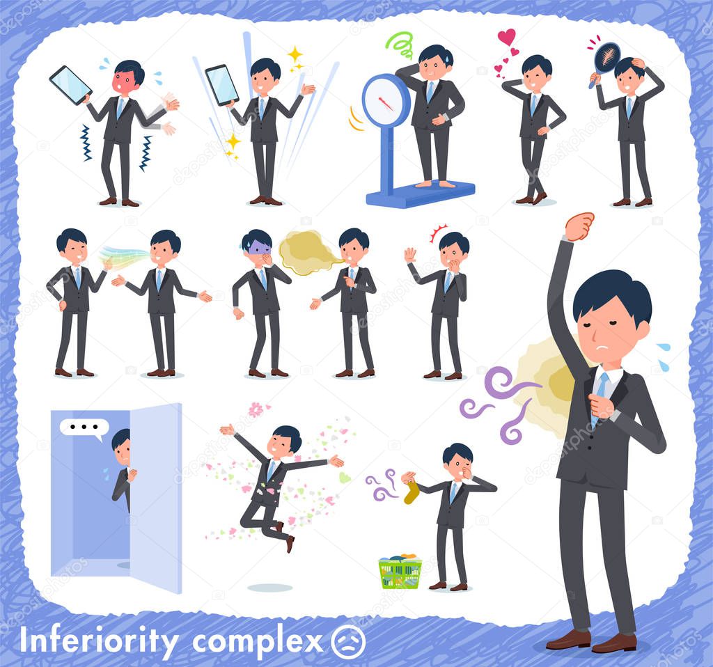 A set of businessman on inferiority complex.There are actions suffering from smell and appearance.It's vector art so it's easy to edit.