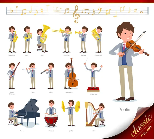 Set Businessman Classical Music Performances Actions Play Various Instruments String — Stock Vector