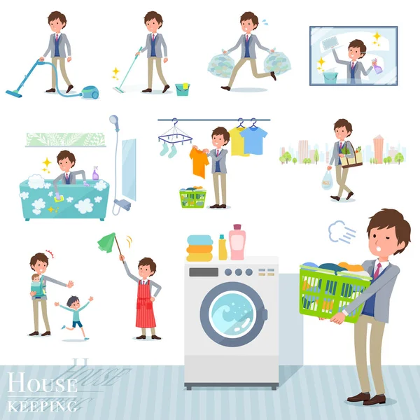 Temizleme Çamaşırhane Gibi Temizlik Ile Ilgili Işadamı Kümesi Çocuk Yetiştirme — Stok Vektör