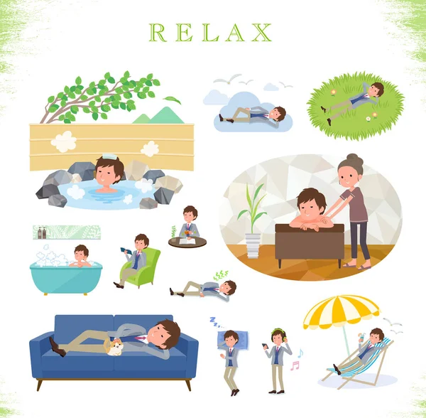 Set Businessman Relaxing Actions Vacation Stress Relief Vector Art Easy — стоковый вектор