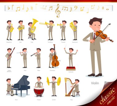 A set of businessman on classical music performances.There are actions to play various instruments such as string instruments and wind instruments.It's vector art so it's easy to edit. clipart