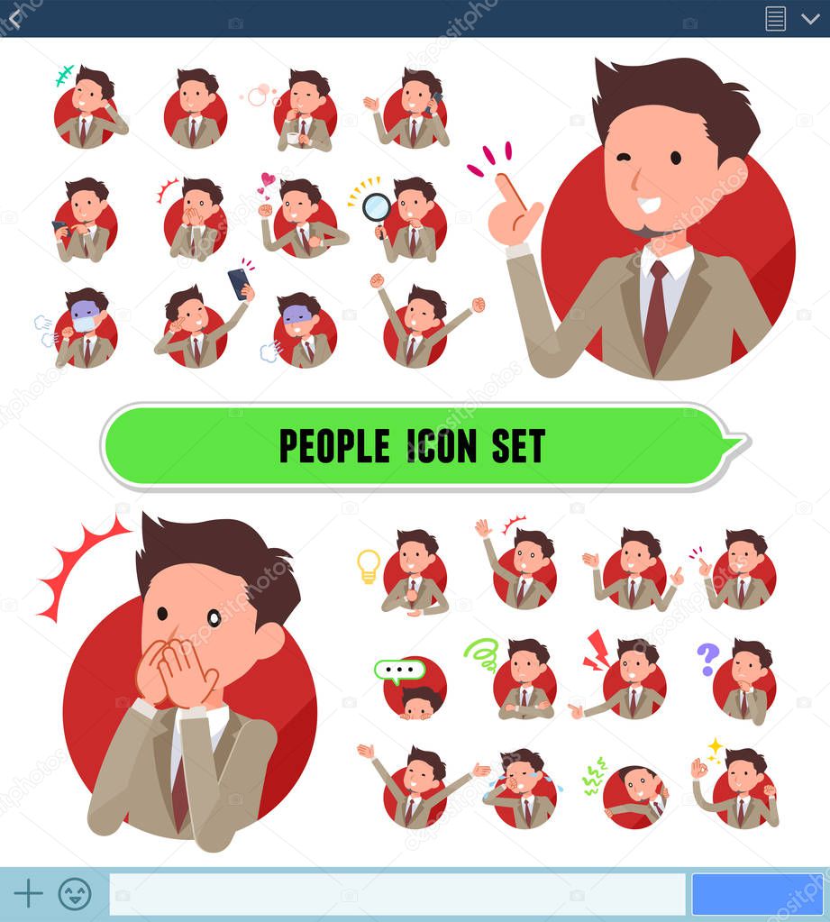 A set of businessman with expresses various emotions on the SNS screen.There are variations of emotions such as joy and sadness.It's vector art so it's easy to edit.