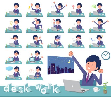 İşadamı masa üzerinde bir dizi çalışır. Duygu ve yorgunluk gibi çeşitli eylemler vardır. Böylece düzenlemek kolaydır vektör sanat değil.