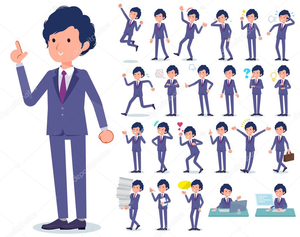 A set of businessman with who express various emotions.There are actions related to workplaces and personal computers.It's vector art so it's easy to edit.