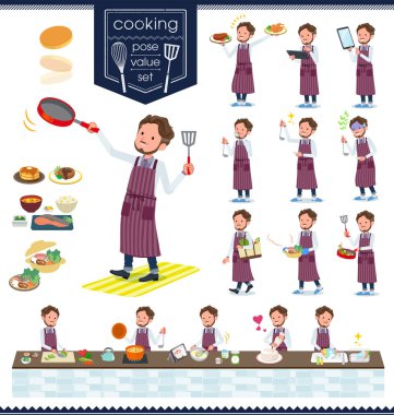 Bir dizi yemek hakkında orta yaşlı adam. Mutfakta çeşitli şekillerde yemek eylem vardır. Böylece düzenlemek kolaydır vektör sanat değil.