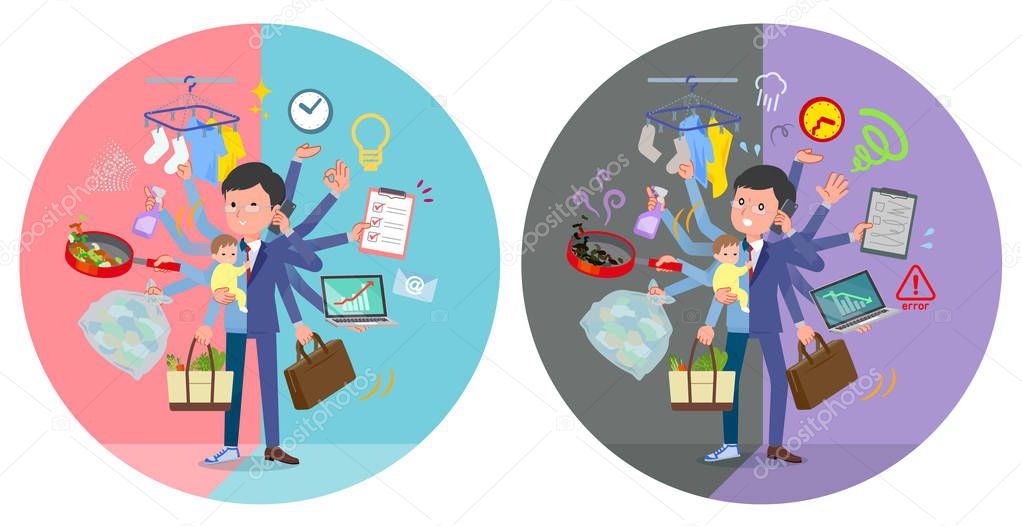 A set of man who perform multitasking in offices and private.There are things to do smoothly and a pattern that is in a panic.It's vector art so it's easy to edit.