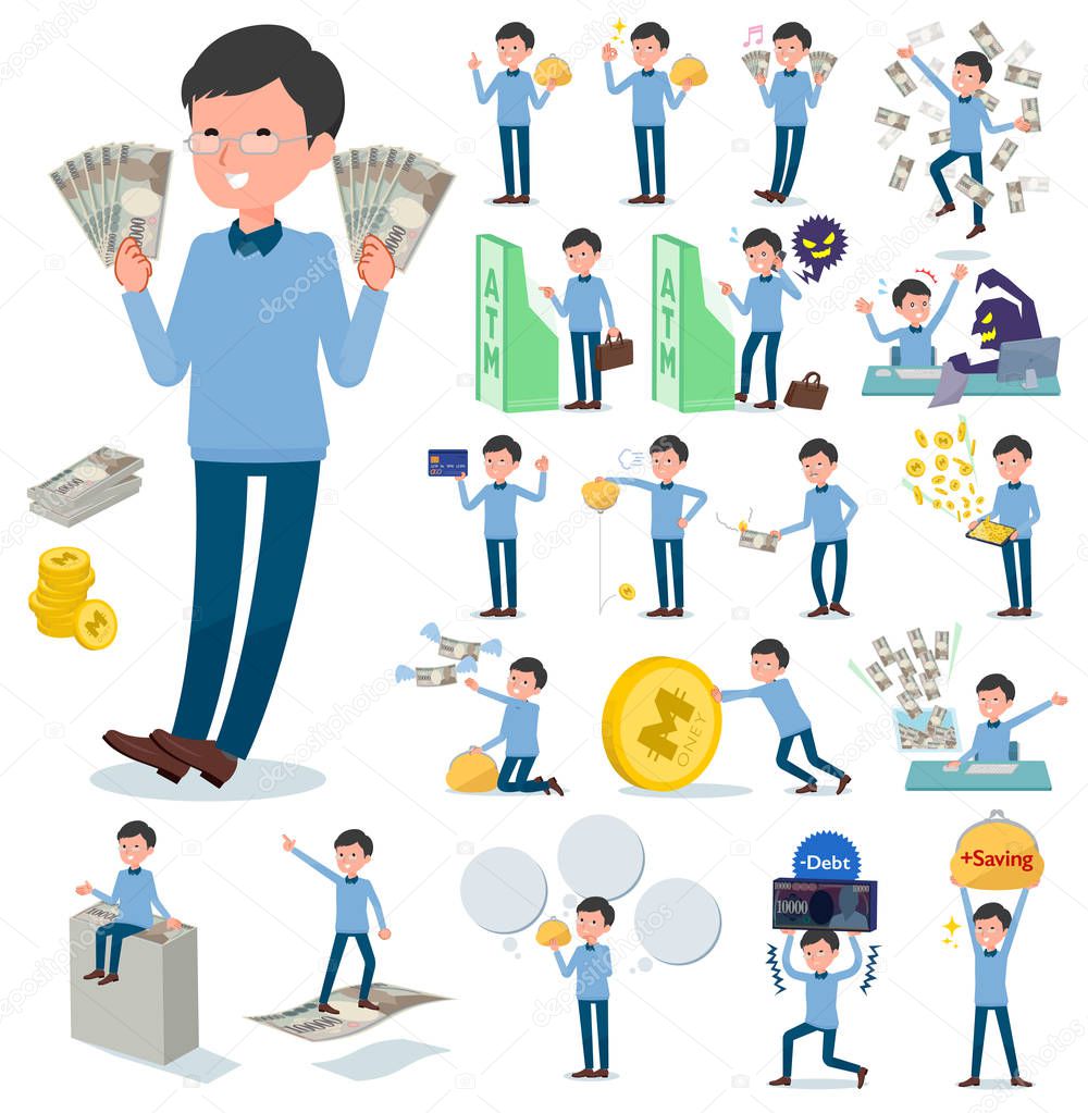 A set of man with concerning money and economy.There are also actions on success and failure.It's vector art so it's easy to edit.