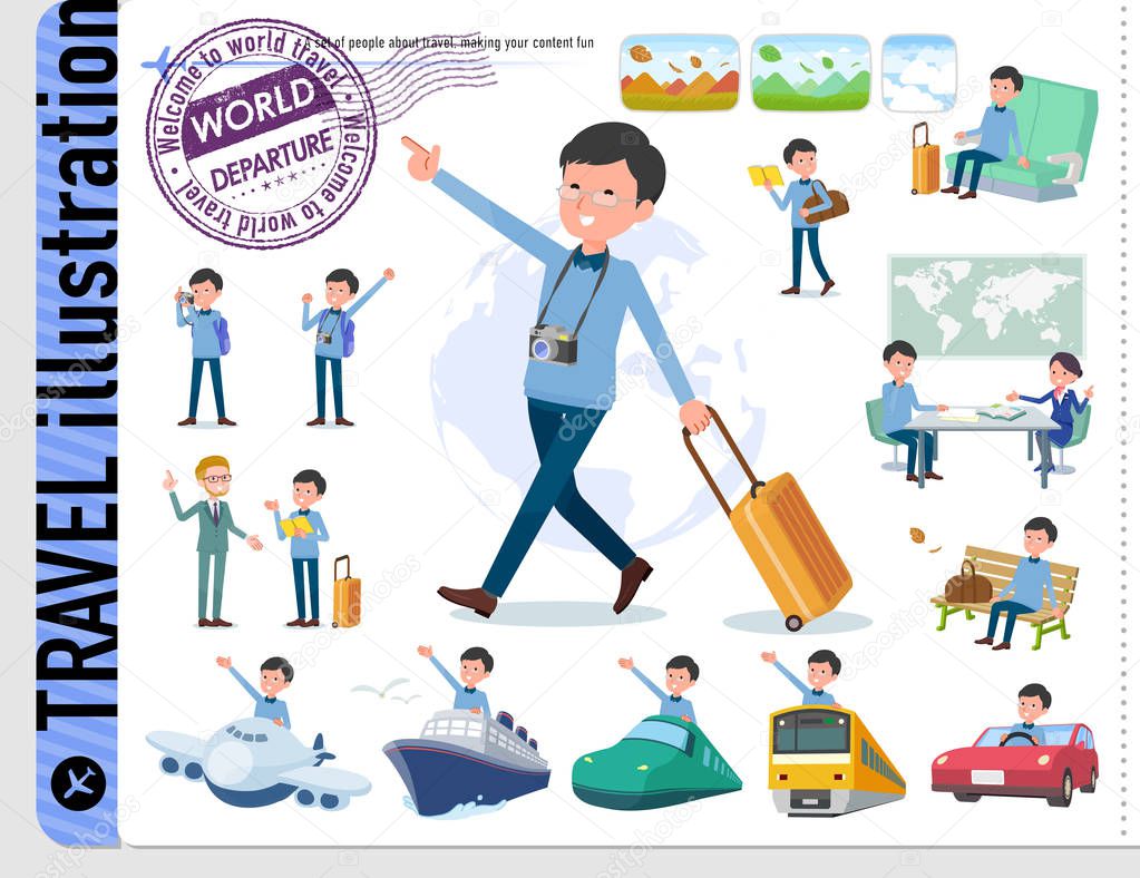 A set of man on travel.There are also vehicles such as boats and airplanes.It's vector art so it's easy to edit.