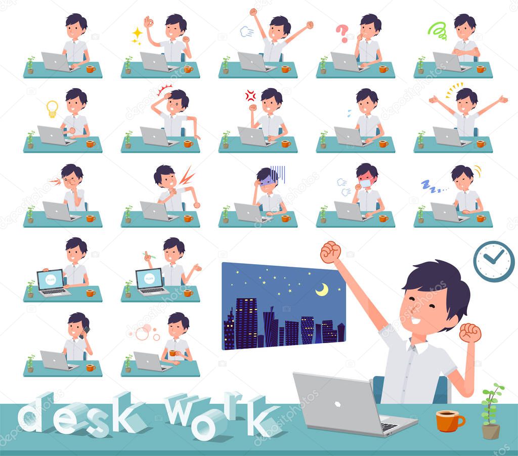 A set of businessman on desk work.There are various actions such as feelings and fatigue.It's vector art so it's easy to edit.