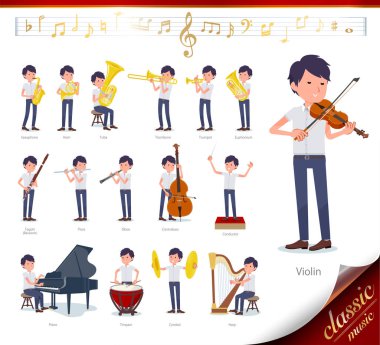 A set of businessman on classical music performances.There are actions to play various instruments such as string instruments and wind instruments.It's vector art so it's easy to edit. clipart