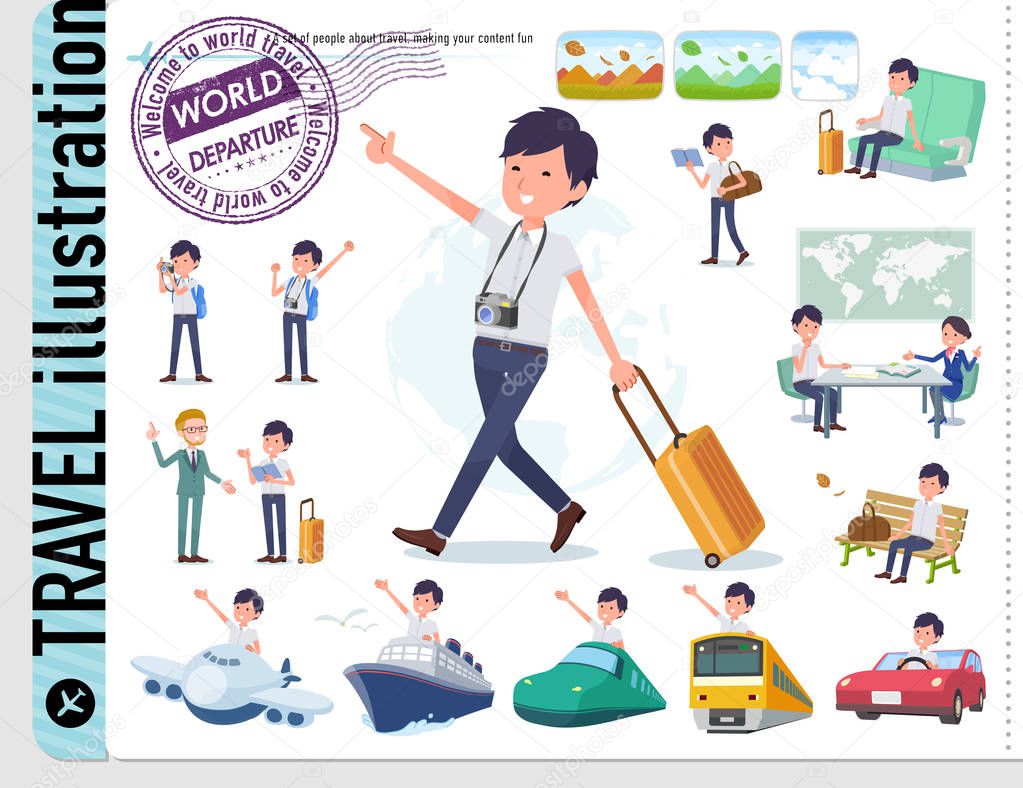 A set of businessman on travel.There are also vehicles such as boats and airplanes.It's vector art so it's easy to edit.