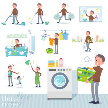 Orta yaş erkek ev temizleme ve Çamaşırhane gibi ilgili bir dizi. Çocuk yetiştirme gibi çeşitli eylemler vardır. Böylece düzenlemek kolaydır vektör sanat değil.
