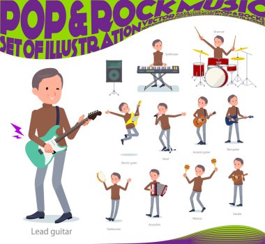 A set of middle Age man playing rock 'n' roll and pop music.There are also various instruments such as ukulele and tambourine.It's vector art so it's easy to edit. clipart