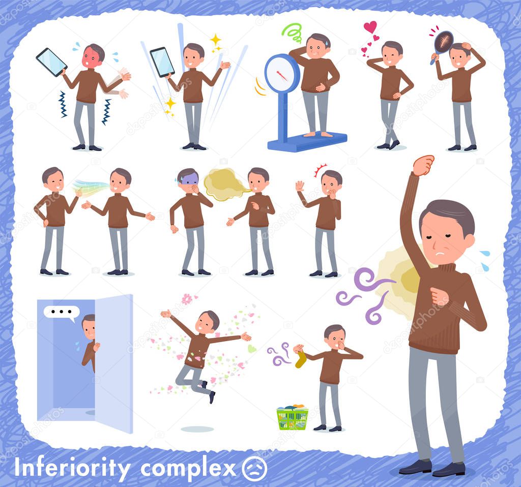 A set of middle Age man on inferiority complex.There are actions suffering from smell and appearance.It's vector art so it's easy to edit.