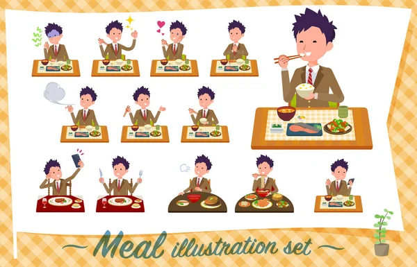 Set School Boy Meals Japanese Chinese Cuisine Western Style Dishes — Stock Vector