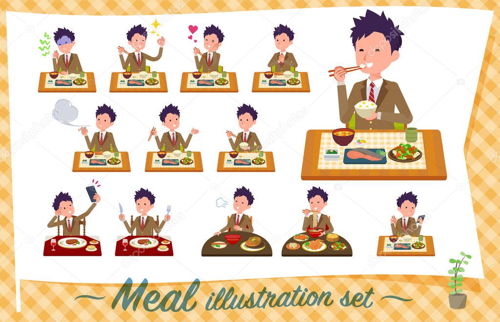 A set of school boy about meals.Japanese and Chinese cuisine, Western style dishes and so on.It's vector art so it's easy to edit.