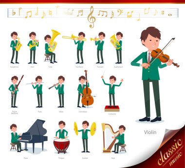 A set of school boy on classical music performances.There are actions to play various instruments such as string instruments and wind instruments.It's vector art so it's easy to edit. clipart